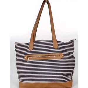 Striped‎ Tote Bag A New Day Blue & White Tan Trim Canvas Zip